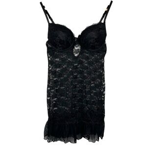 RENE ROFE Sheer Lace Lingerie Babydoll With Ruffle, Black, Size Small